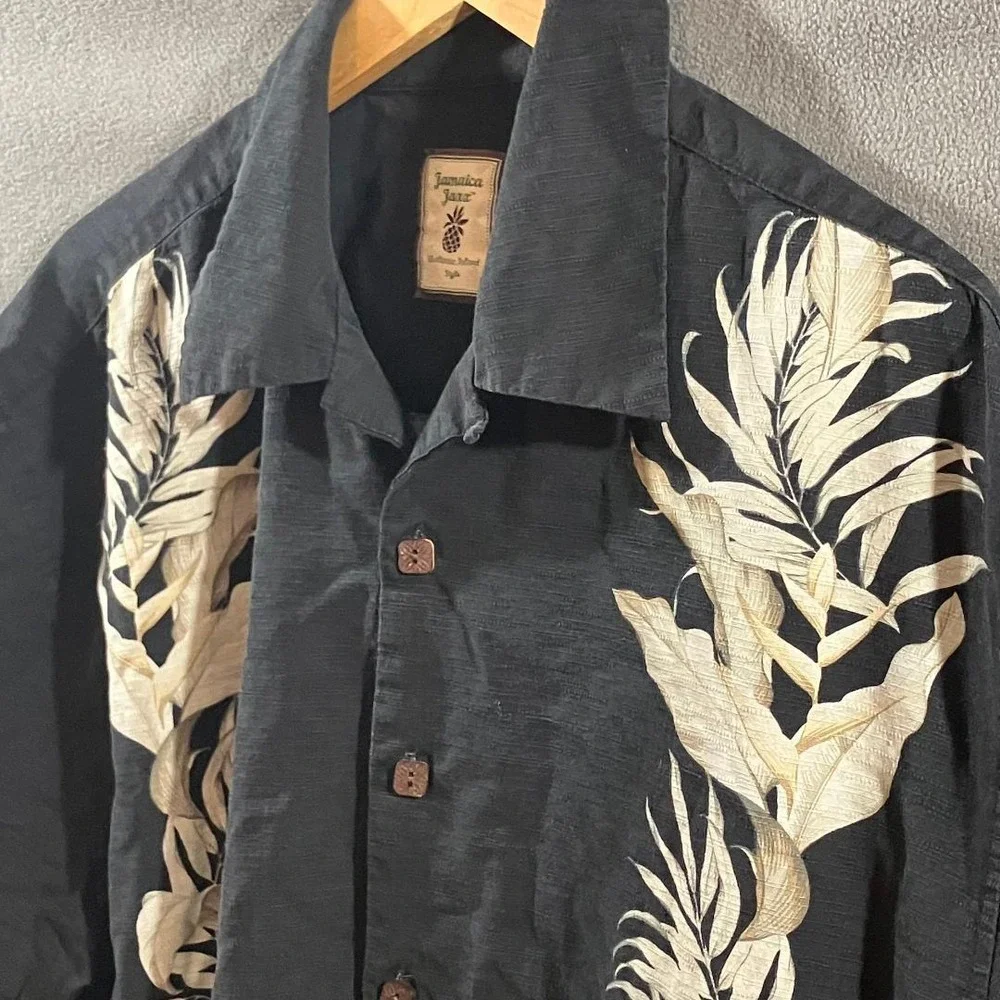 Jamaica Jaxx Mens XL Silk Tropical Leaf Embroidered Button Down Shirt Black - Picture 2 of 6